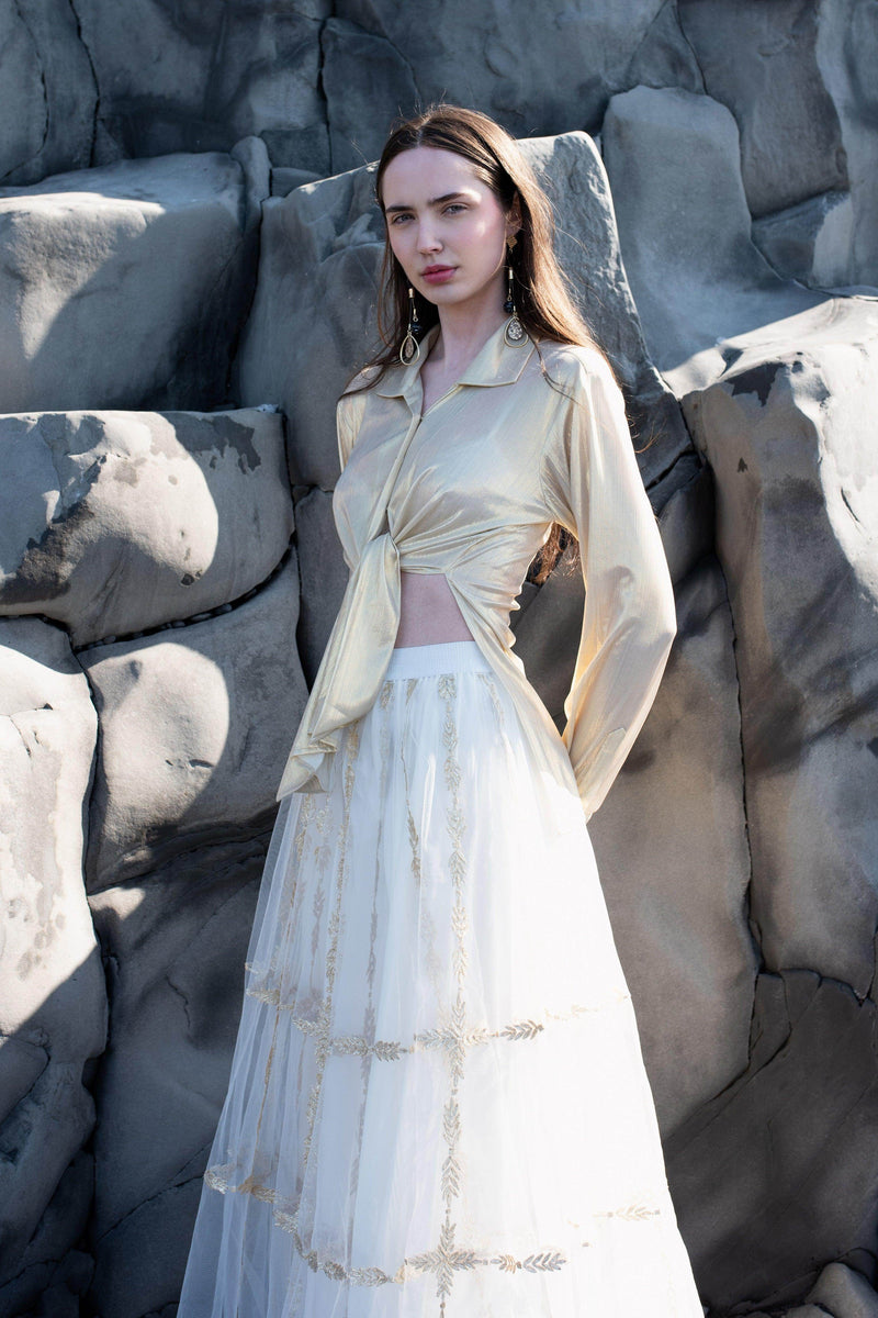 Champagne Gold One-Shoulder Beaded Blouse with Pleated Skirt & Booti Dupatta!