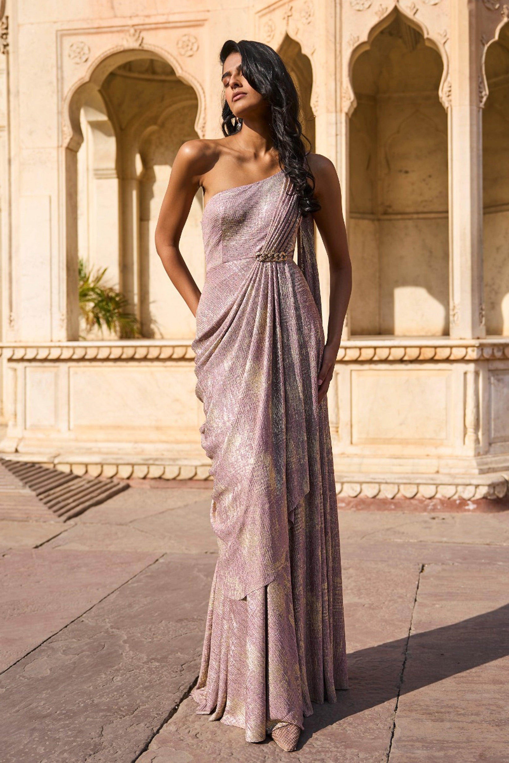 Monochrome Sequin Sari Drape Gown main image 0