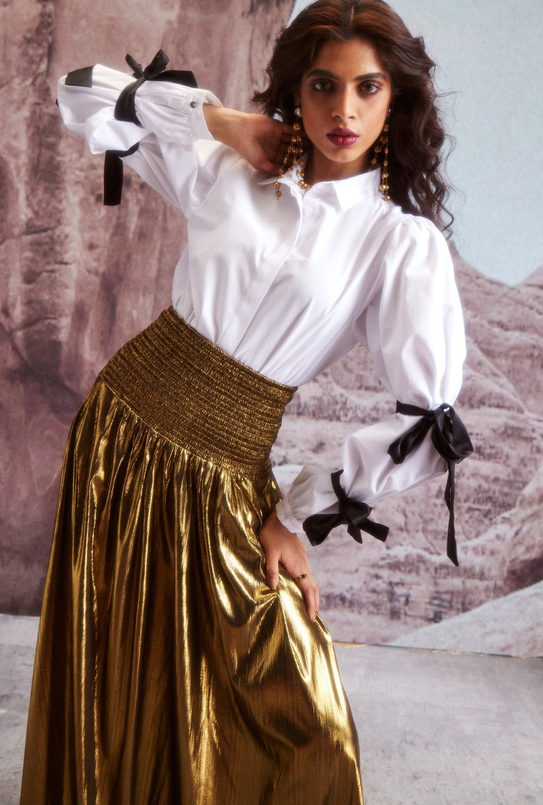 dash and dot Fit Flare Gold Skirt